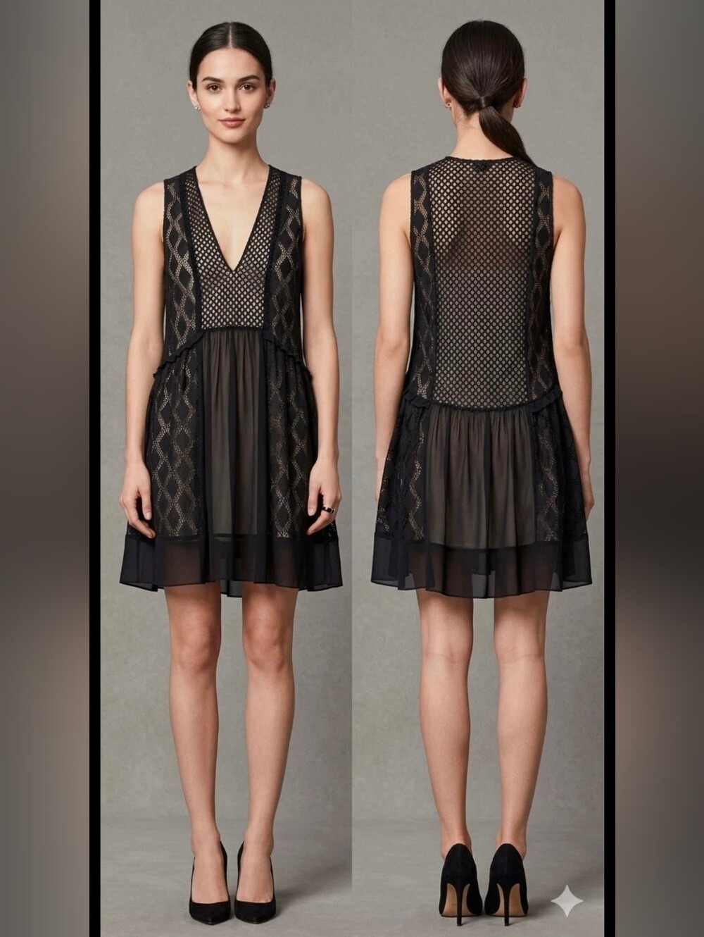 Sandro Paris Black Lace Mesh Tiered Dress Size 2 M Sleeveless Evening Cocktail